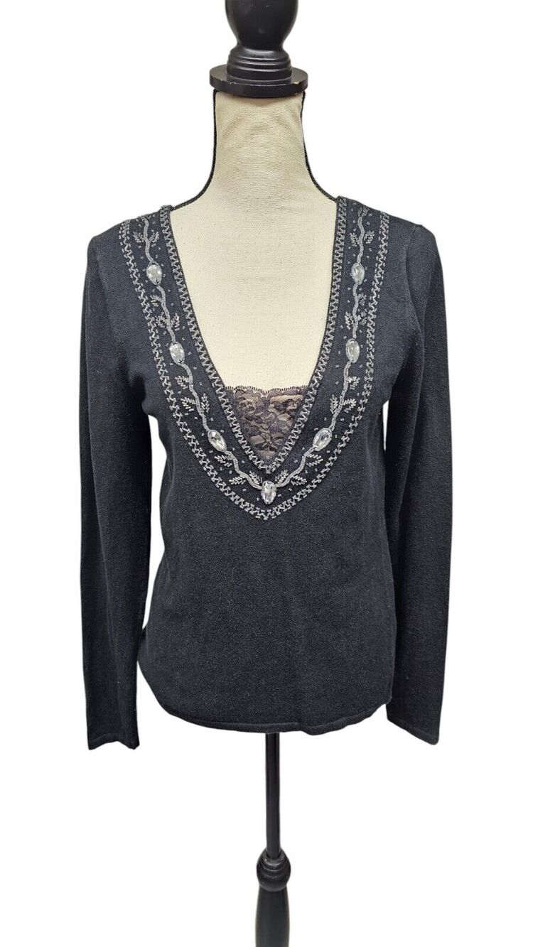 Boston Proper Cashmere Silk Blend Beaded Sweater Pullover Size M Lace Insert Y2K